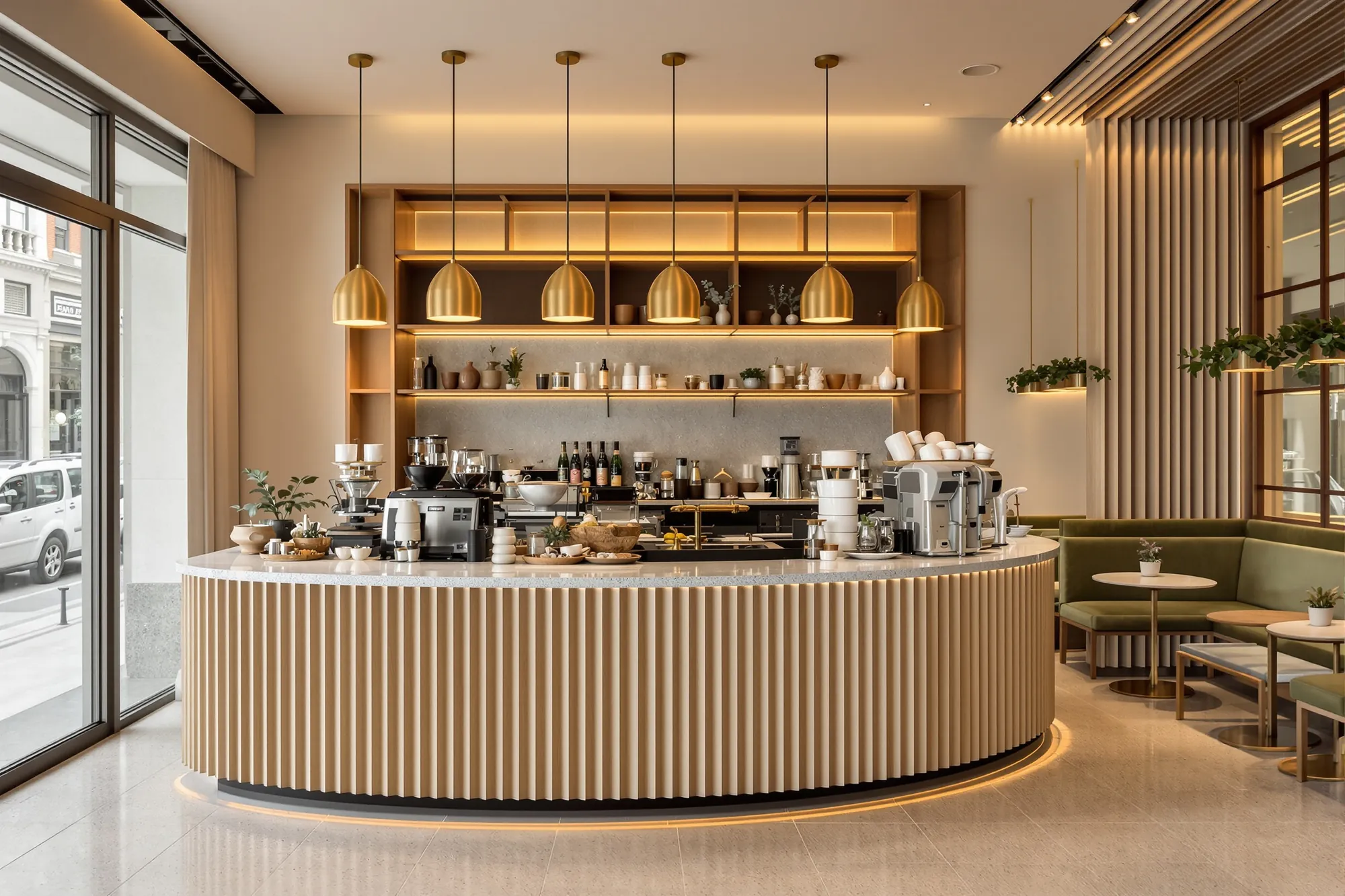 Kavisli terrazzo barlı kahve dükkânı