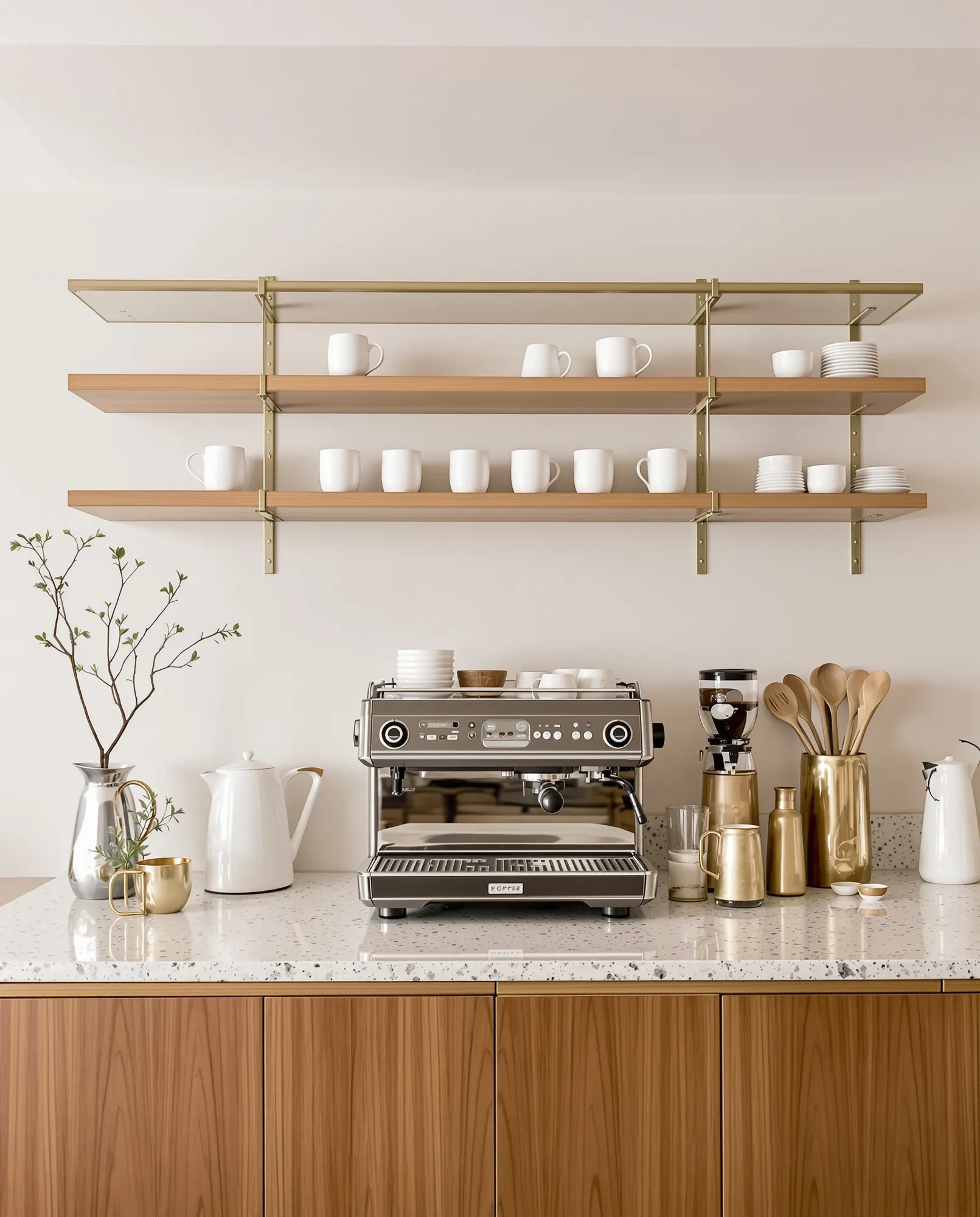 Espresso makinesi ve meşe raflarla bar detayı