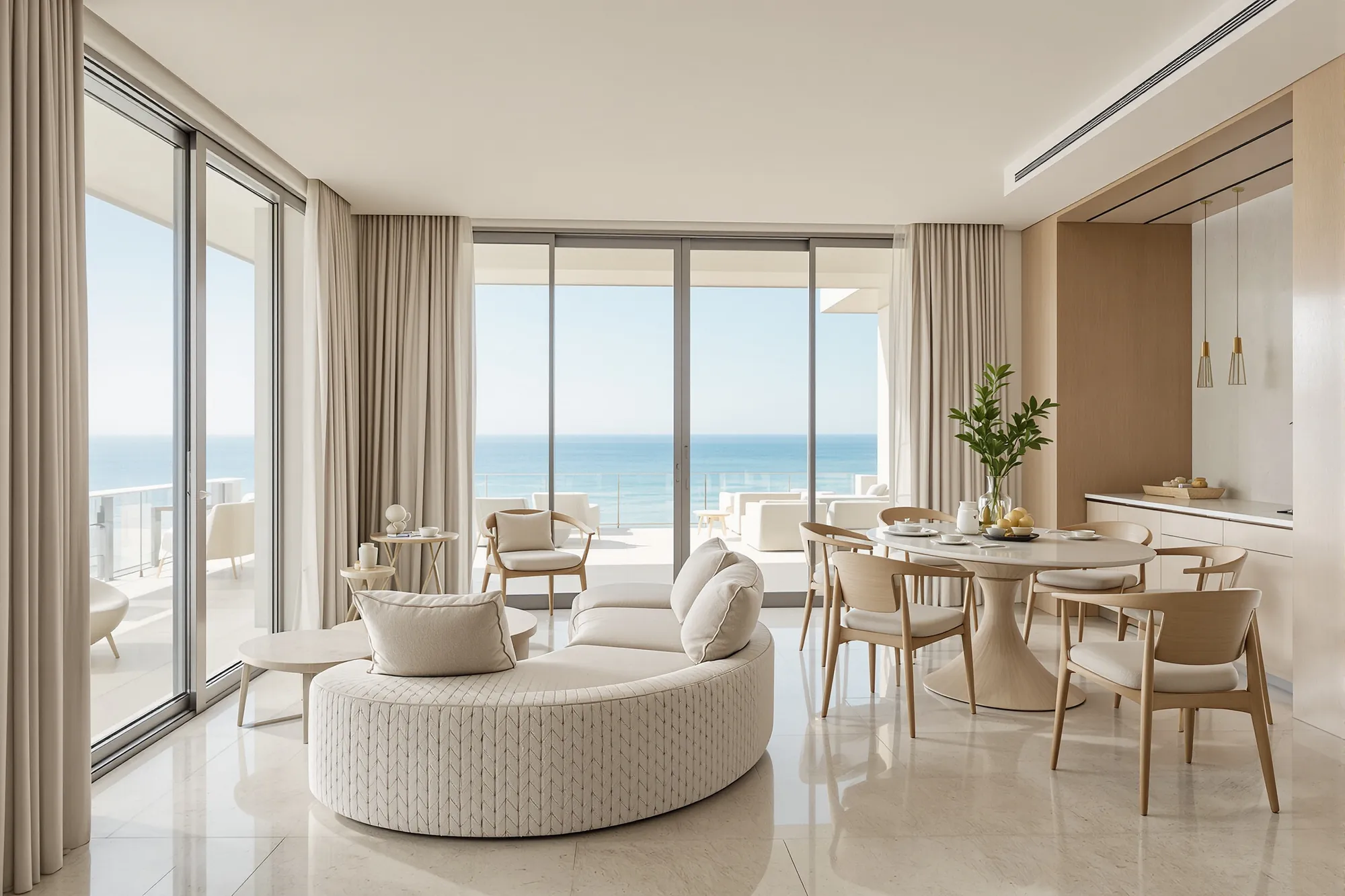 Deniz manzaralı açık plan salon ve yemek alanı